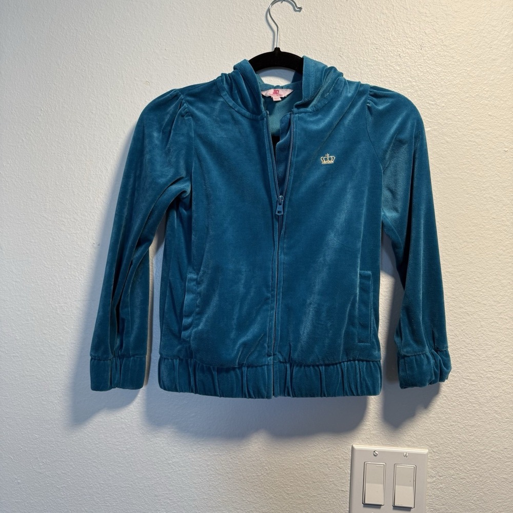 Juicy Couture Velour Full Zip Blue Hooded Jacket Girls 7/8 Small Tracksuit Y2K
